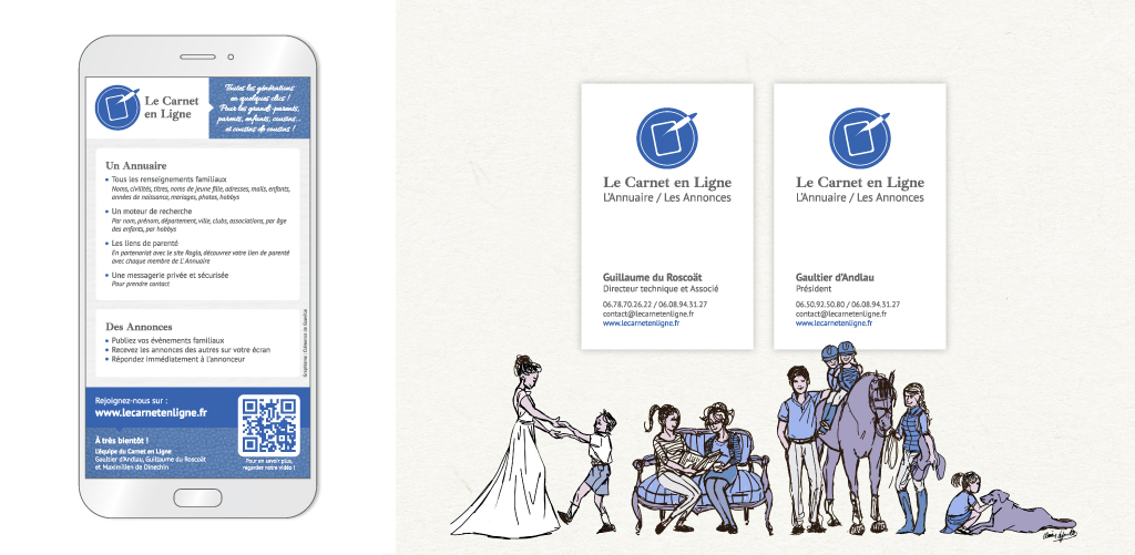 Aperçus (de gauche à droite) : l’annonce pour l’ANF, les cartes de visite et l’illustration qui a servi à agrémenter une page du site – Le Carnet en Ligne – 2021