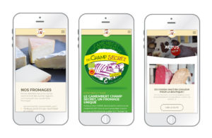 La Fromagerie - site web, aperçus des pages 'Nos produits' et 'actus' sur mobile