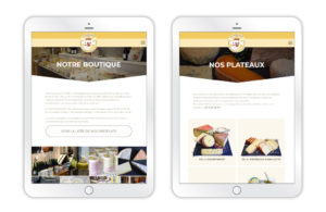 La Fromagerie - site web, aperçus des pages 'Notre boutique' et 'Nos plateaux' sur tablette