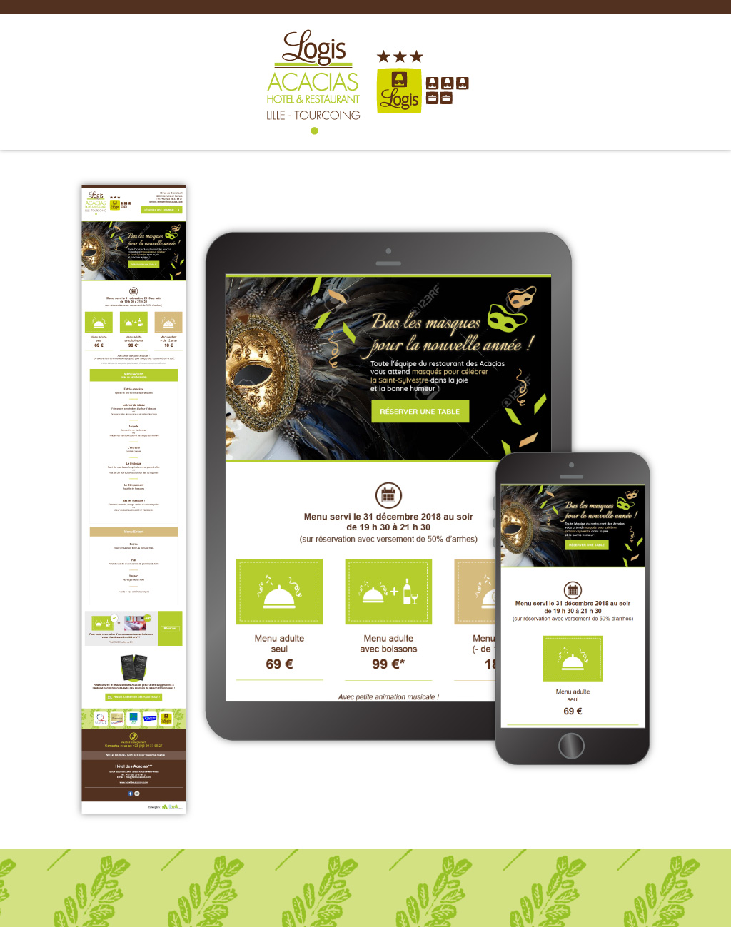 Refonte du template de la newsletter de l'hôtel des Acacias et mise en pratique pour novembre 2018, sur la promotion du menu du nouvel an. (Sources photos : 123RF)
