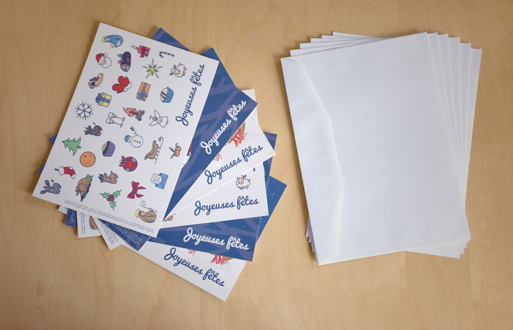 Composition d'un lot : 2 cartes de vœux de chaque modèle + enveloppes